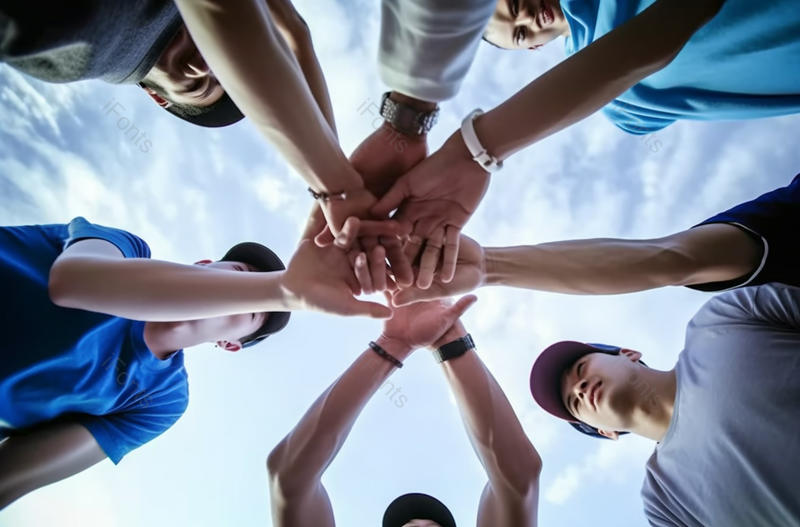 四个打篮球青年男子在学校篮球场团结一起加油,高清,摄影图,摄影图片,图片大全,摄影图免费下载